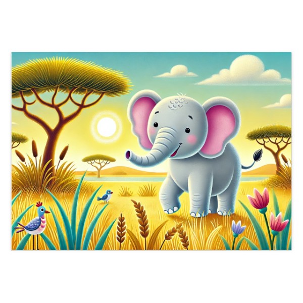 Puzzle A3 s potiskem Baby elephant on sunny savannah